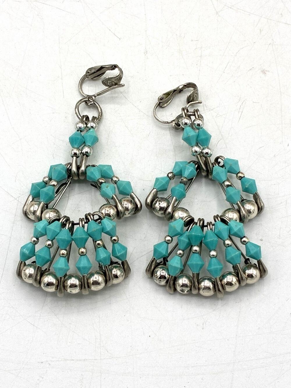 Vintage Turquoise Color Beaded Safety Pin Earrings Dangle Boho 2”